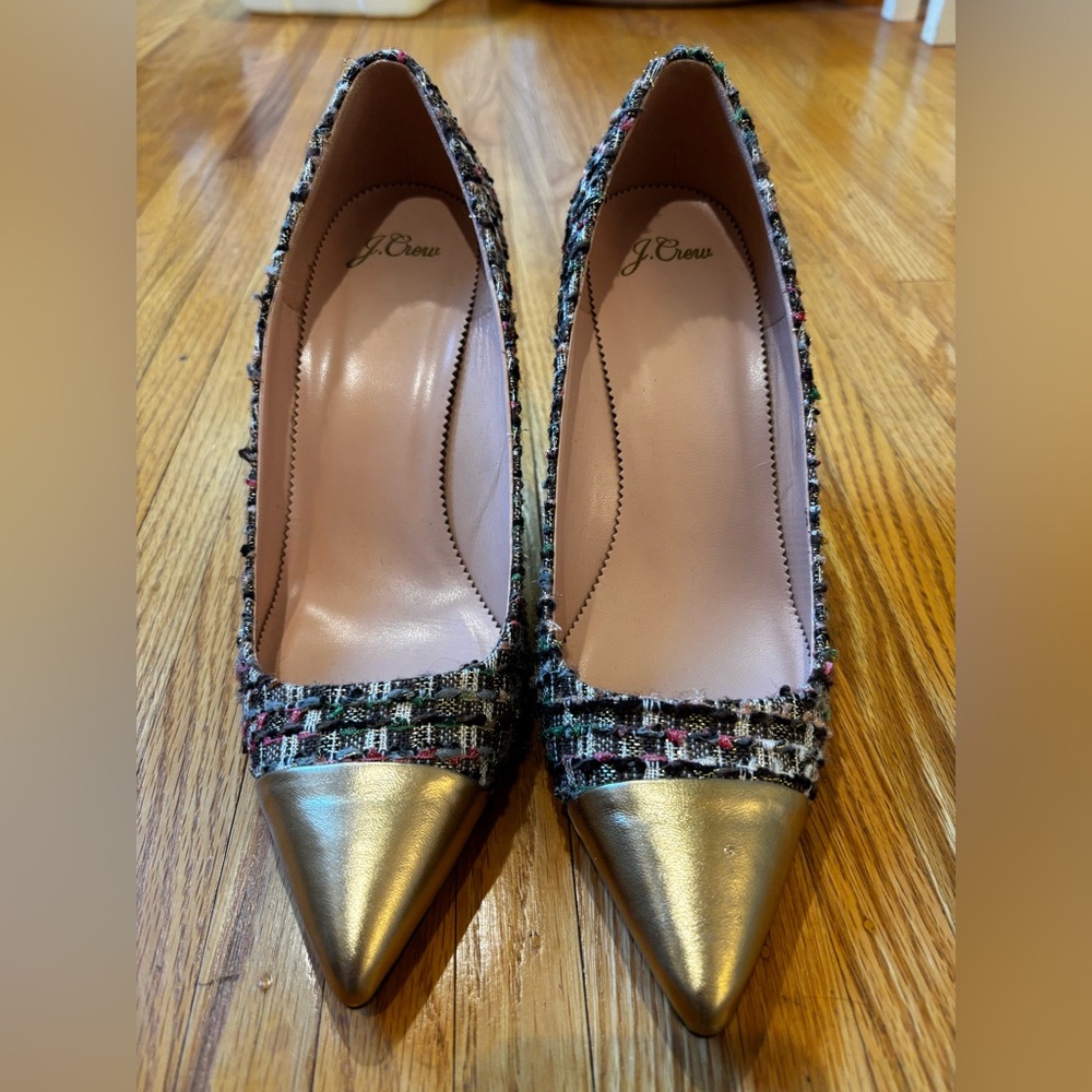 NWOT J. Crew Tweed Heels with Gold Cap-Toe Size 10